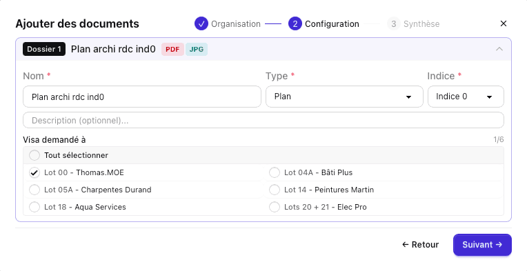 Upload etape 2 - Configuration du document et demande de visa