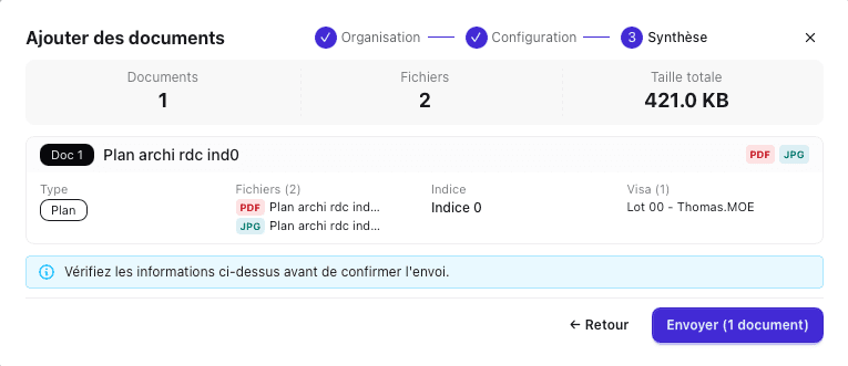 Upload etape 3 - Synthese et envoi du document