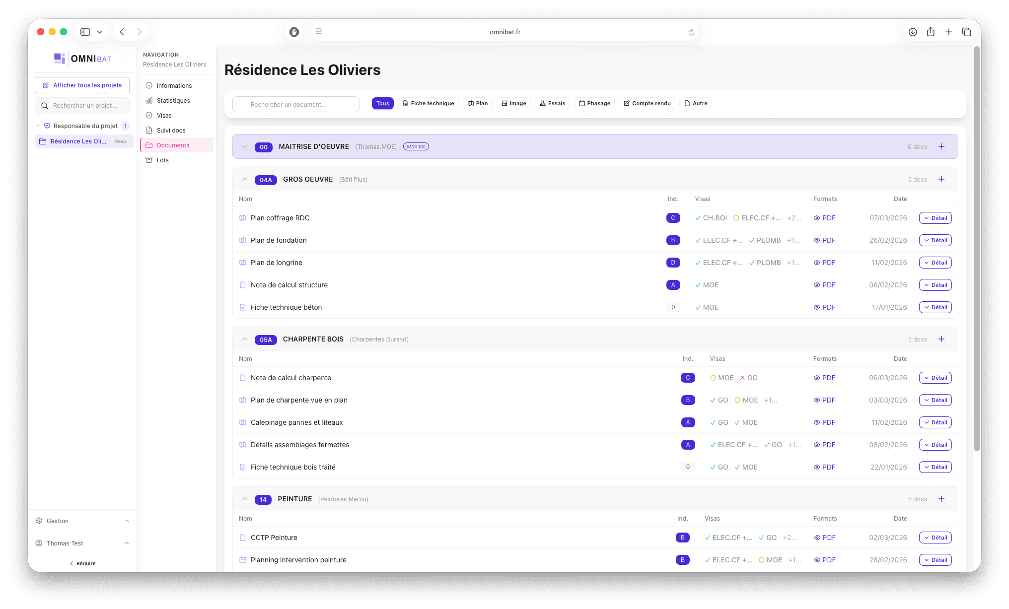 Vue documents Omnibat - recherche et organisation par lot