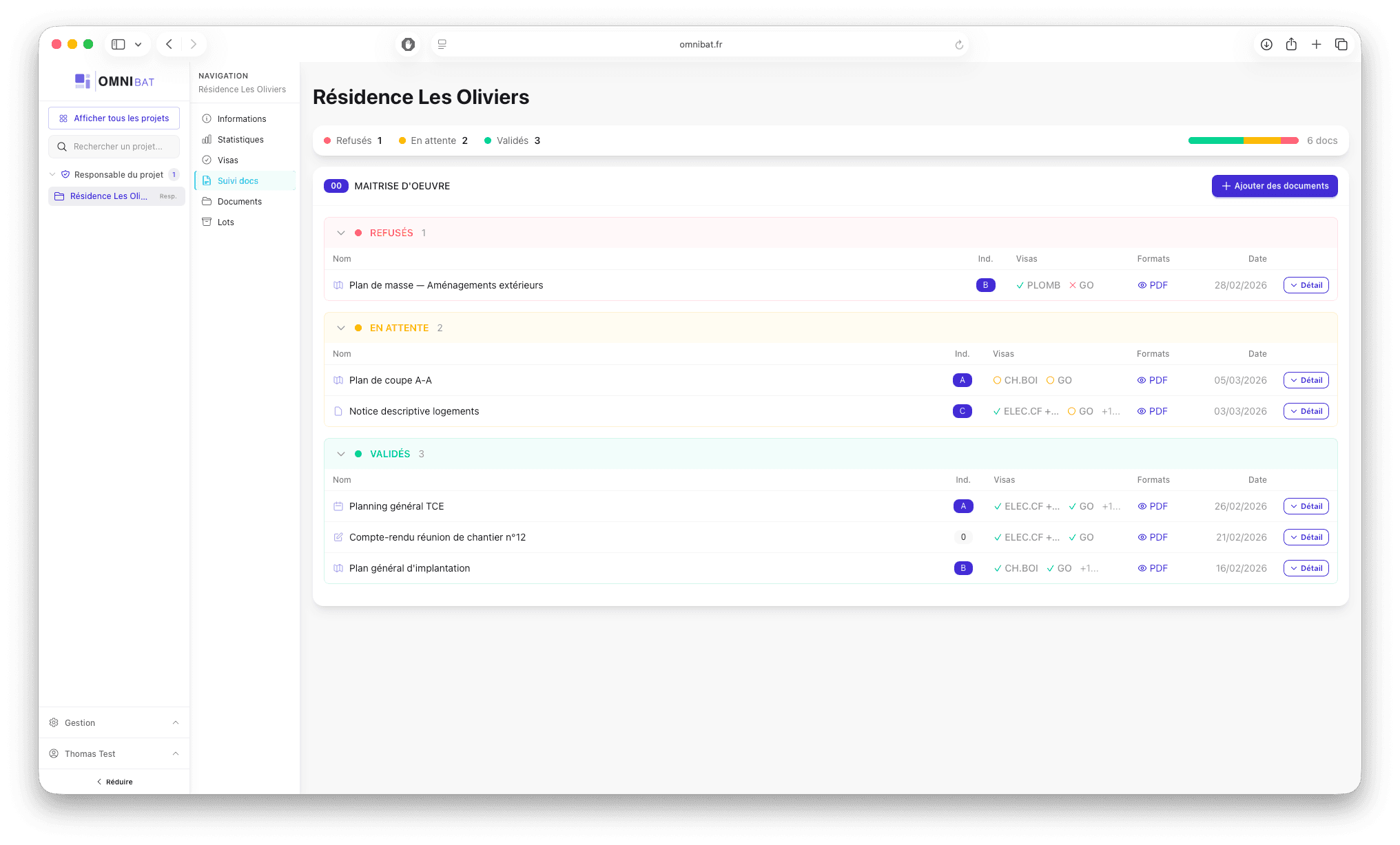 Suivi des documents Omnibat - statuts et filtres